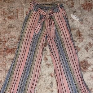 Linen Multi-Color Flowy Pants With Slit at Bottom